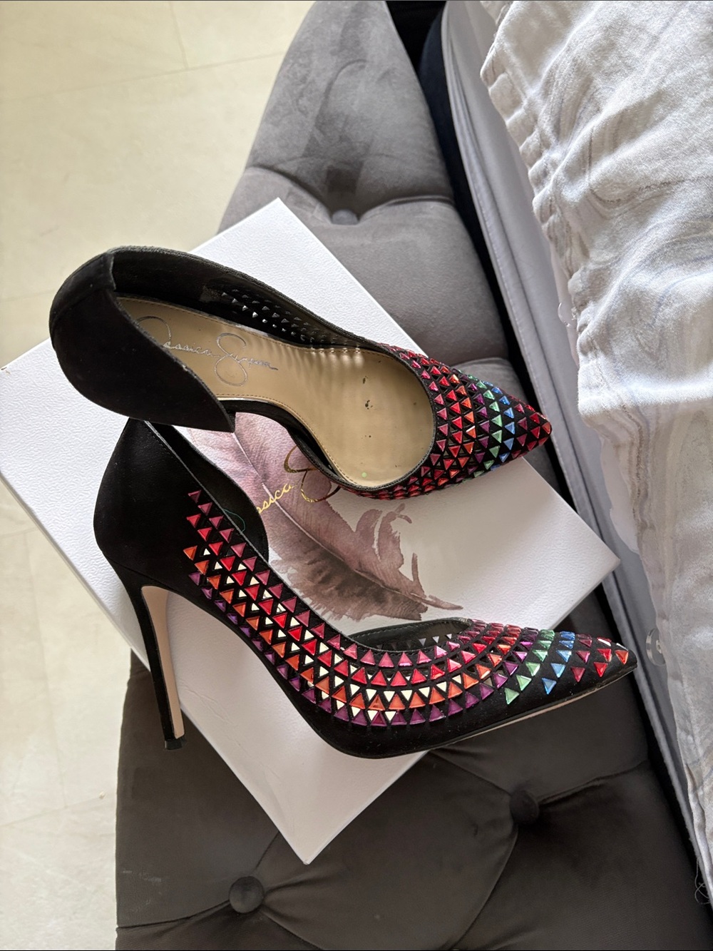 Jessica Simpson Black Pointed D'Orsay Pump with Multicolor Studs